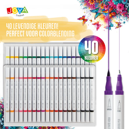 Joya Creative Fineliner Brush Pens Set 40pcs - Pens for Adults and Children - Bullet Journaling - Hand Lettering - Colored Fineliners - Drawing Pen Set