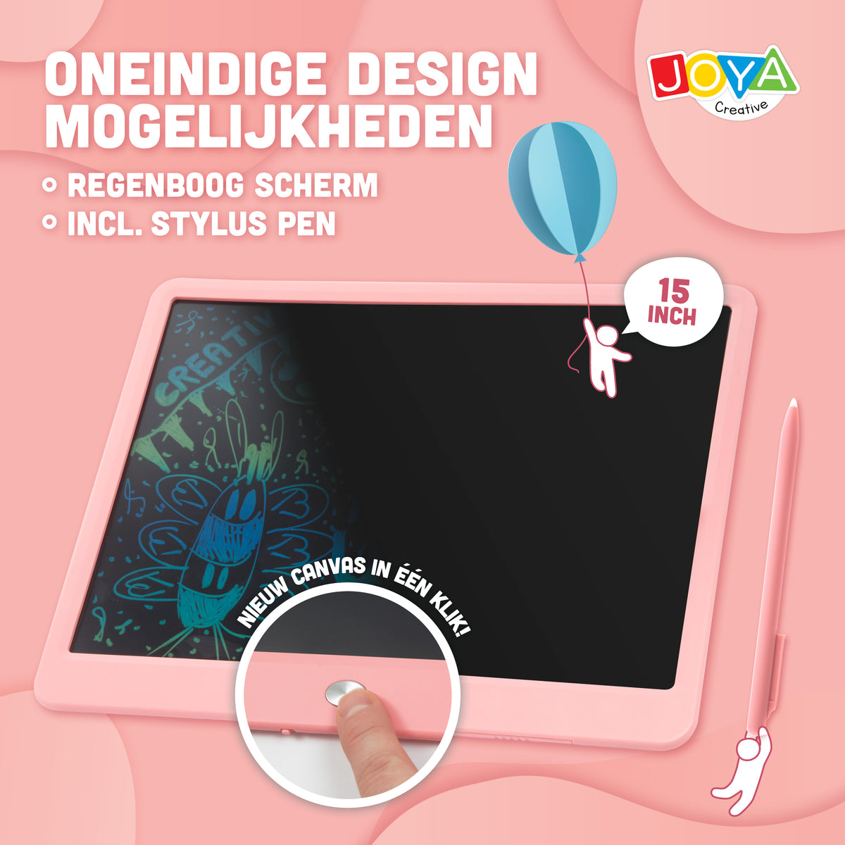 Joya Creative Pizarra de dibujo digital rosa de 15 pulgadas – Tableta de dibujo LCD para niños con función de borrado