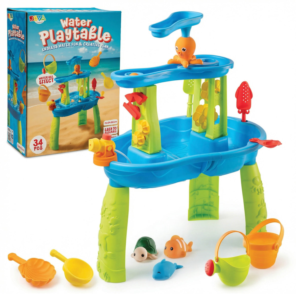 Joya Creative Mesa de agua azul y verde de 34 piezas – Mesa de juegos de agua para niños con cascada y accesorios