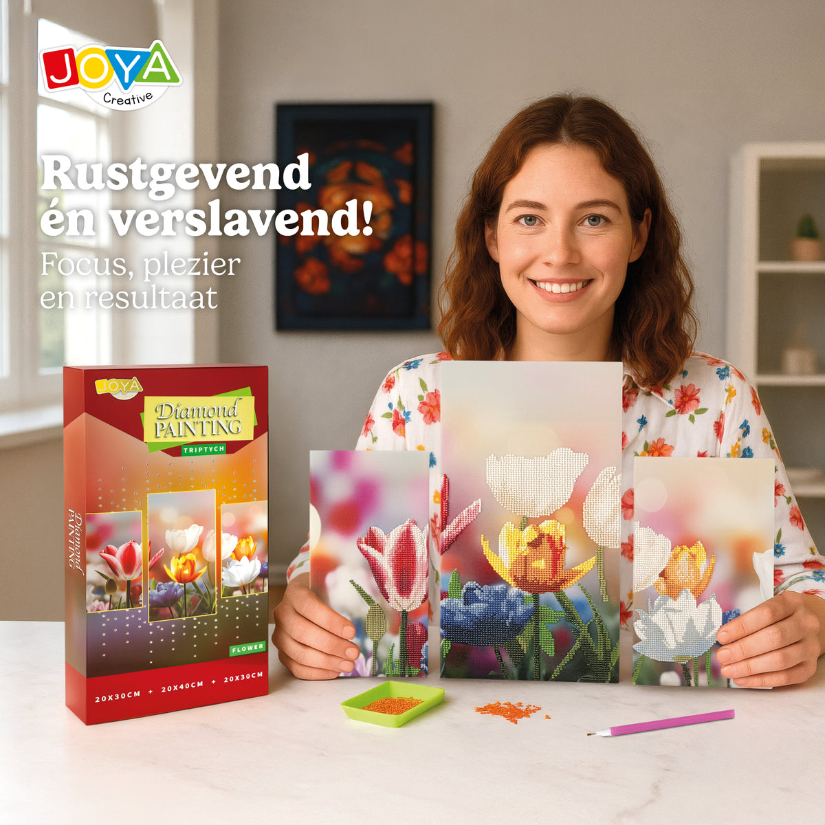 Joya Creative Diamond Painting Bloemen Drieluik – DIY Diamond Painting Volwassenen met 3 Bloemenpanelen en Ronde Steentjes
