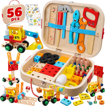Joya Creative Houten Gereedschapskist 57 Delig – FSC Gereedschap Speelgoed met Werkbank voor Kinderen
