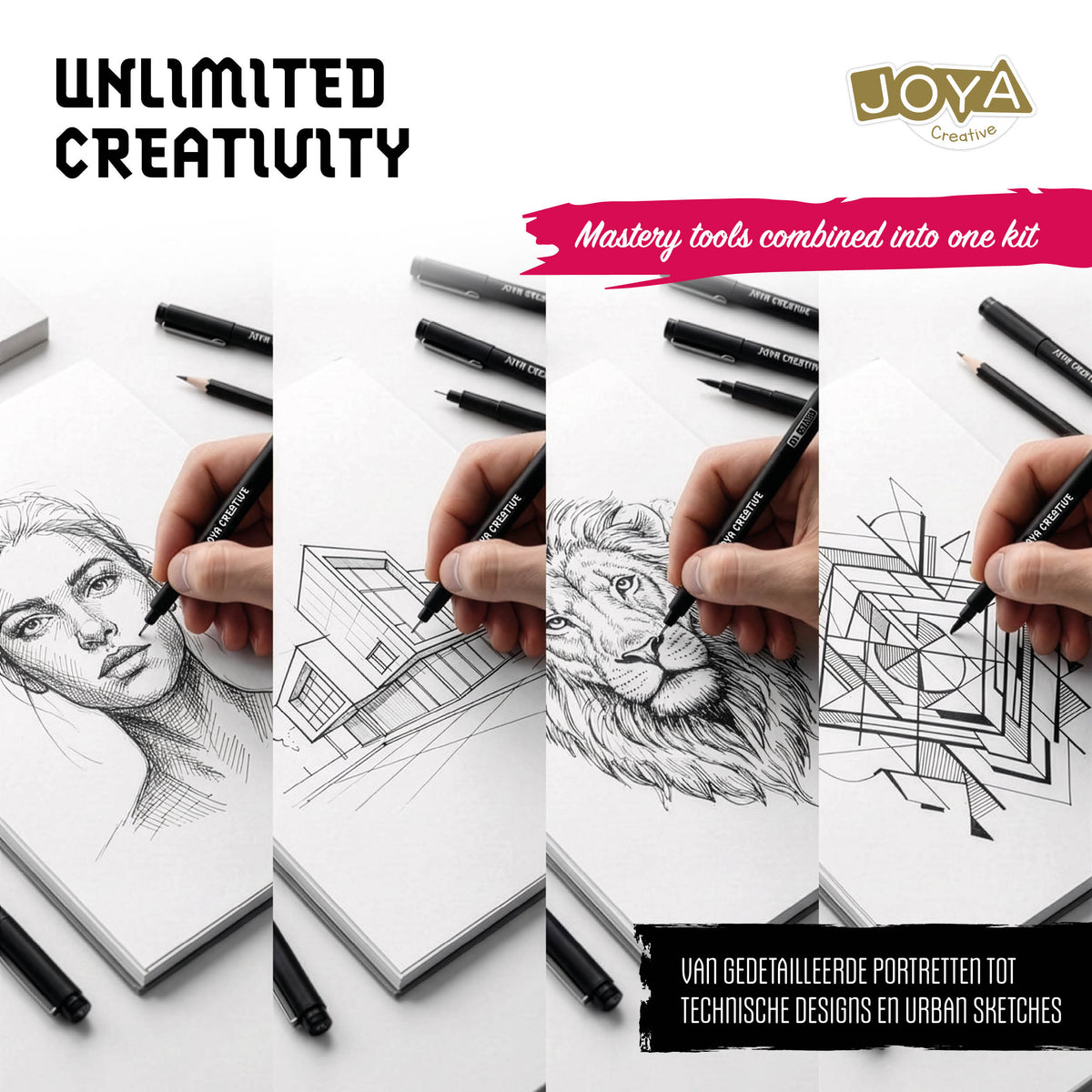 Joya Creative Masterkit de fineliners Black Edition – 10 fineliners negros, cuaderno de bocetos, pincel de agua y plantillas de dibujo