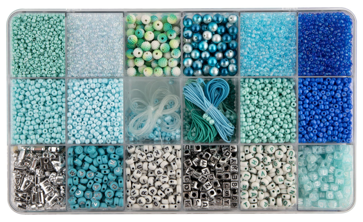 Luxury Bracelets Making Girls Bead Set 10,000pcs - Blue Breeze Magic - ABC Beads, Glass Beads and Elastic - Storage Box 27x16x4cm - Joya Creative