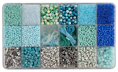 Luxury Bracelets Making Girls Bead Set 10,000pcs - Blue Breeze Magic - ABC Beads, Glass Beads and Elastic - Storage Box 27x16x4cm - Joya Creative