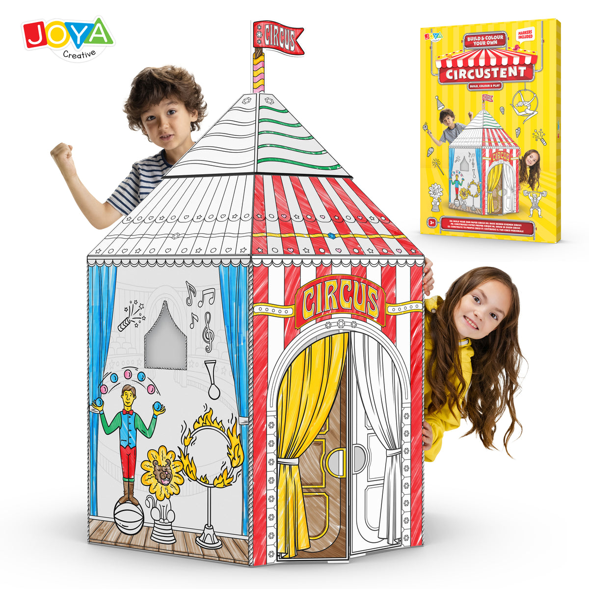 Joya Creative Construye tu propio circo – Casita de cartón de tamaño real para construir, colorear y jugar con 6 rotuladores