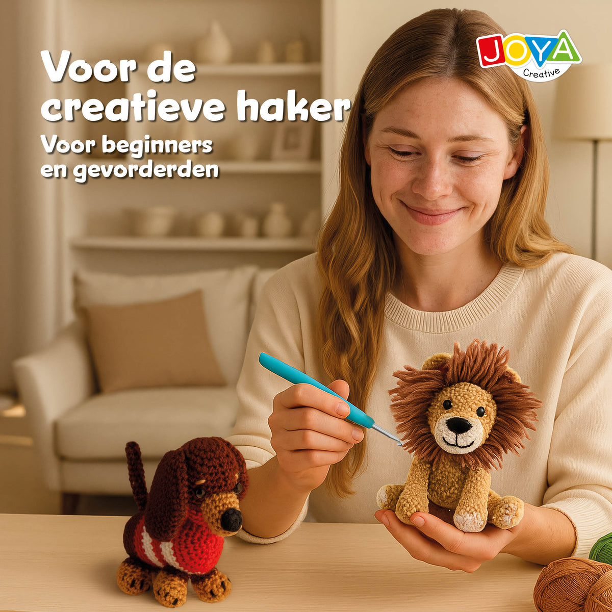 Joya Creative Kit de ganchillo de animales de 4 piezas – Set completo de amigurumi con león, perro, unicornio y oso para principiantes