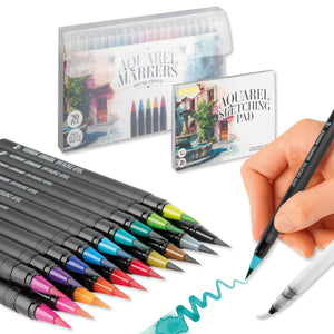 Joya Creative Watercolor Paint Set 2-in-1 – 20 Watercolor Brush Markers with A5 Watercolor Pad, Water Brush and Sketchbook