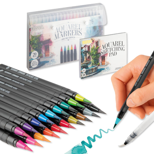 Joya Creative Aquarelverf Set 2-in-1 – 20 Aquarel Brush Markers met A5 Aquarelblok, Waterbrush en Schetsboek