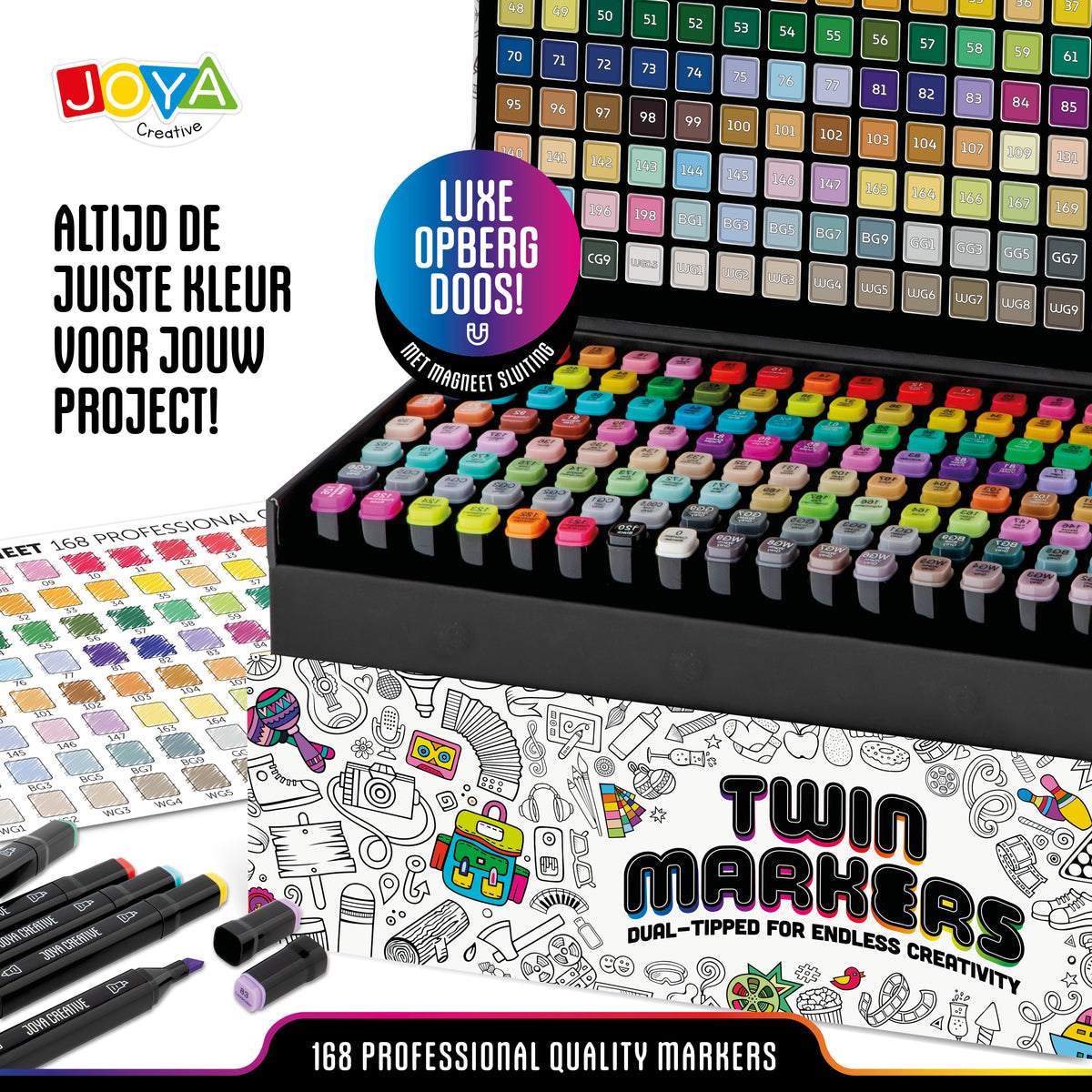 Joya Creative Set de 168 rotuladores Twinmarkers - Rotuladores con alcohol de doble punta - Rotuladores para adultos y niños - Lujoso maletín de almacenamiento