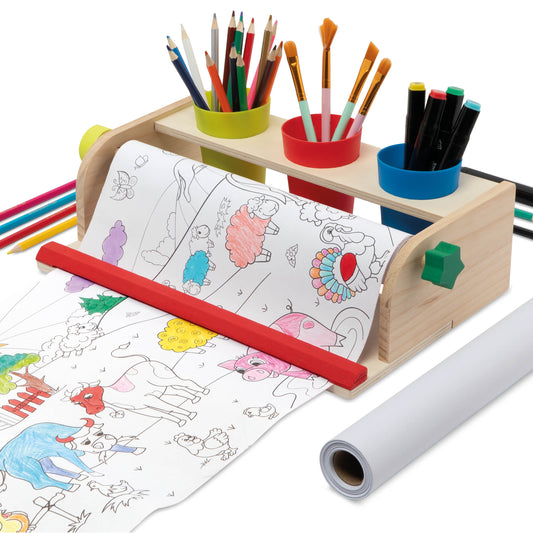 Joya Creative Kleurplaat op Rol met Houten Papierrolhouder – 10 Meter Tekenrol voor Kinderen inclusief FSC Houten Tekenstation