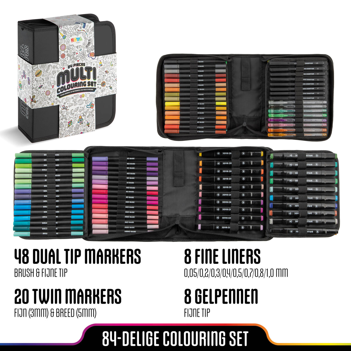 Joya Creative Set de rotuladores creativos de 84 piezas - Twinmarkers, rotuladores de pincel, fineliners y bolígrafos de gel en una lujosa cartera de almacenamiento