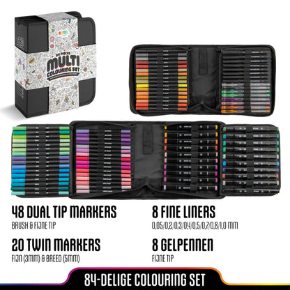 Joya Creative Set de rotuladores creativos de 84 piezas - Twinmarkers, rotuladores de pincel, fineliners y bolígrafos de gel en una lujosa cartera de almacenamiento