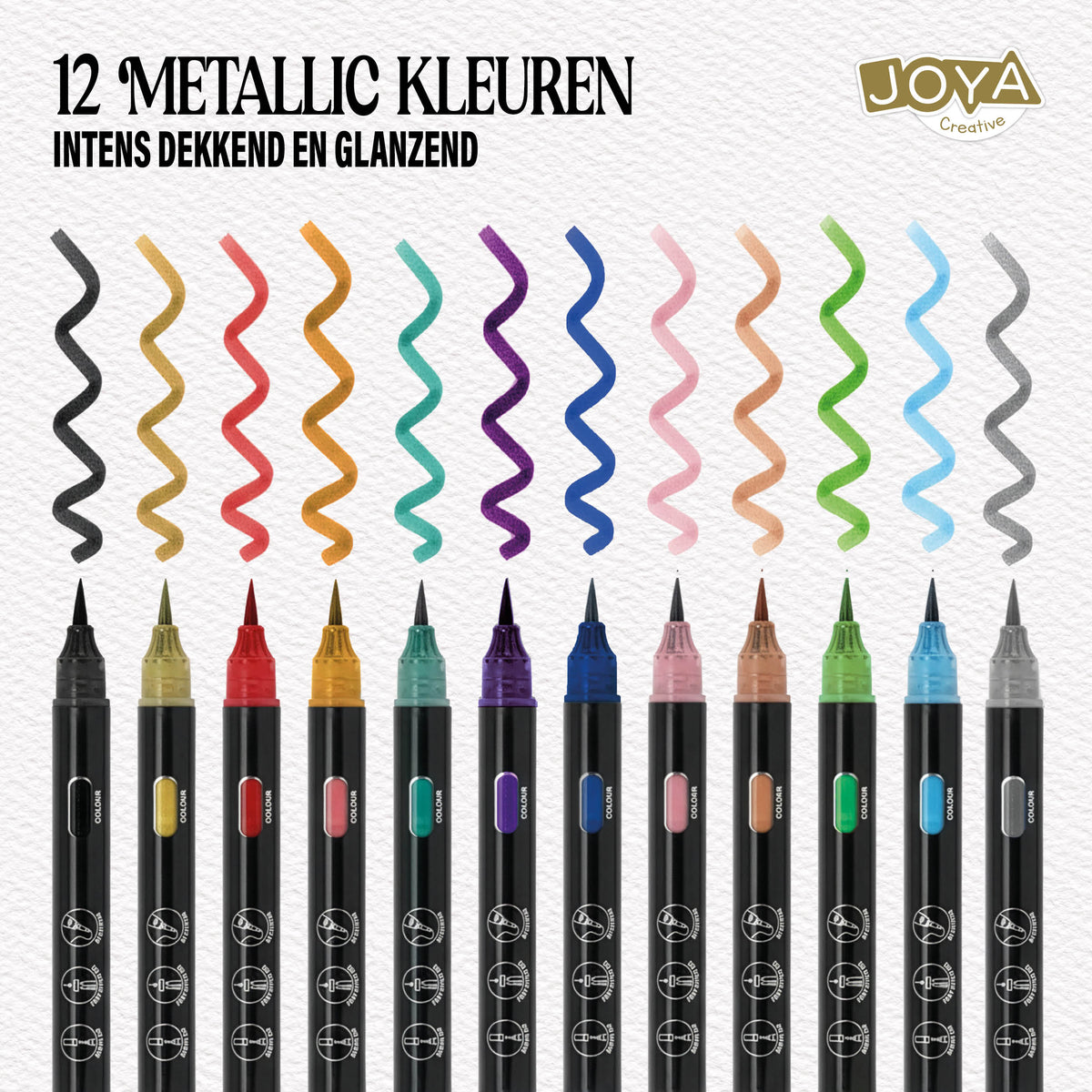 Joya Creative Metallic Acrylic Pens 12 Pieces - Brush Tip Acrylic Markers for Stone, Glass, Wood, Metal, Fabric and DIY Projects