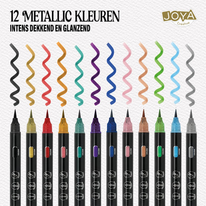 Joya Creative Metallic Acrylic Pens 12 Pieces - Brush Tip Acrylic Markers for Stone, Glass, Wood, Metal, Fabric and DIY Projects