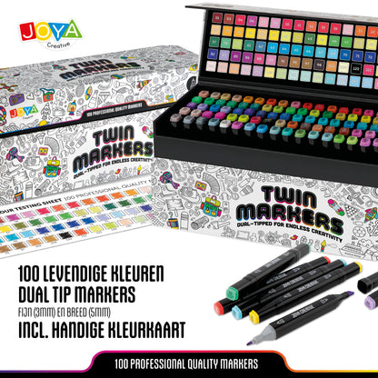 Joya Creative Set de 100 rotuladores Twinmarkers - Rotuladores con alcohol para adultos y niños - Rotuladores de doble punta - Punta fina y ancha - Estuche de lujo