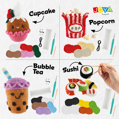 Joya Creative Haakpakket Food 4 Delig – Amigurumi Haakset met Sushi, Bubble Tea, Popcorn en Cupcake voor Beginners