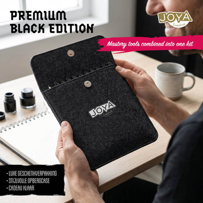 Joya Creative Masterkit de fineliners Black Edition – 10 fineliners negros, cuaderno de bocetos, pincel de agua y plantillas de dibujo