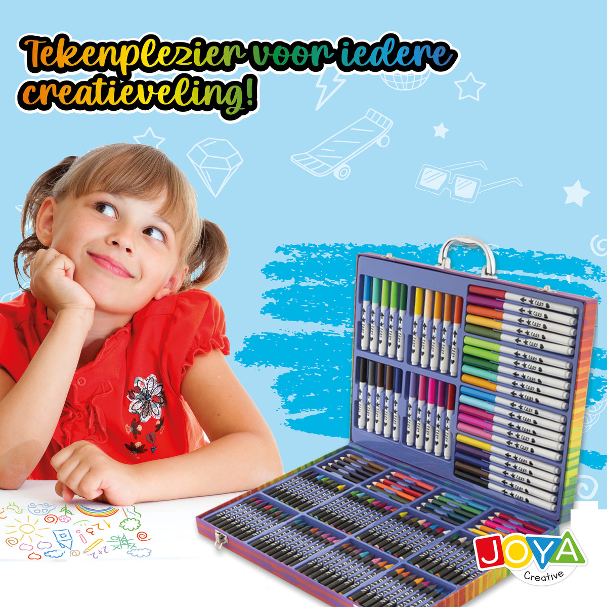 Joya Creative Tekendoos 124 Delig – Complete Tekenset voor Kinderen met Stiften, Kleurpotloden, Waskrijtjes & FSC Opbergkoffer