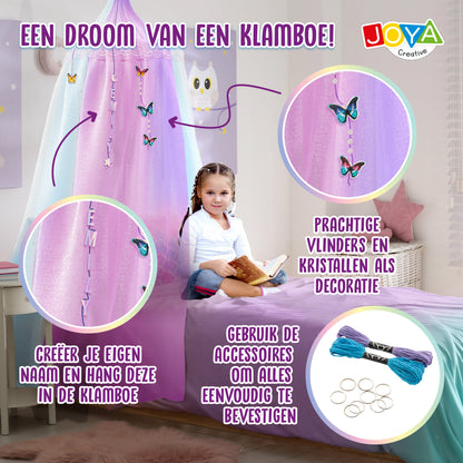 Joya Creative Klamboe Versieren Set – Personaliseer Je Eigen Roze Hemelbed met Vlinders, Diamantjes en Letters