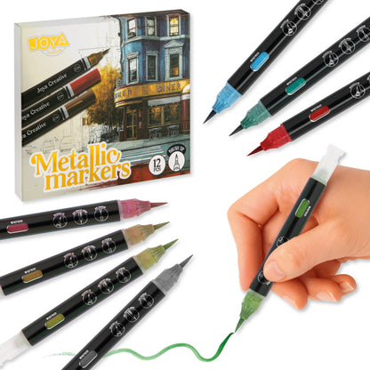 Joya Creative Metallic Acrylic Pens 12 Pieces - Brush Tip Acrylic Markers for Stone, Glass, Wood, Metal, Fabric and DIY Projects