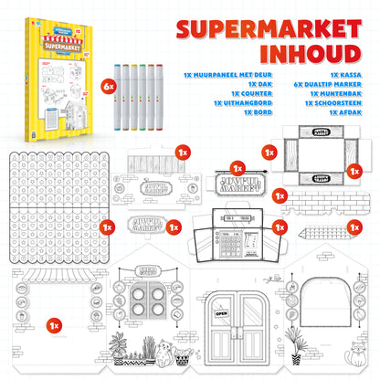 Joya Creative Construye tu propio supermercado – Casita de cartón de tamaño real para construir, colorear y jugar con 6 rotuladores